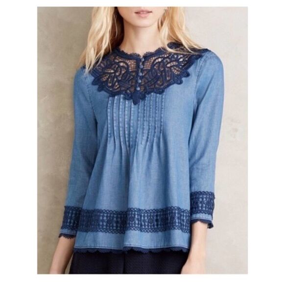 Anthropologie Laced Chambray Top Linen Blend - Picture 1 of 13